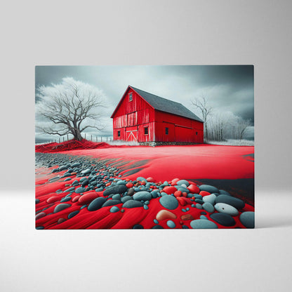 Surreal red barn with gray roof on crimson ground wall art