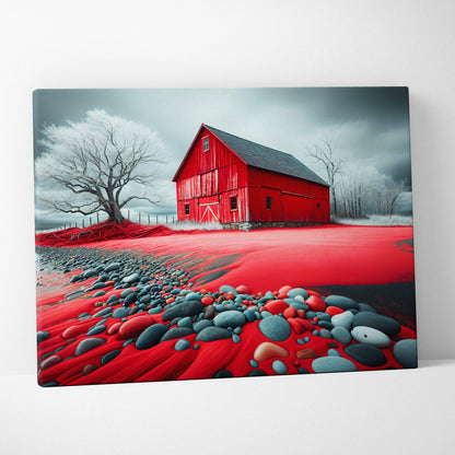 Surreal red barn with gray roof on crimson ground wall art