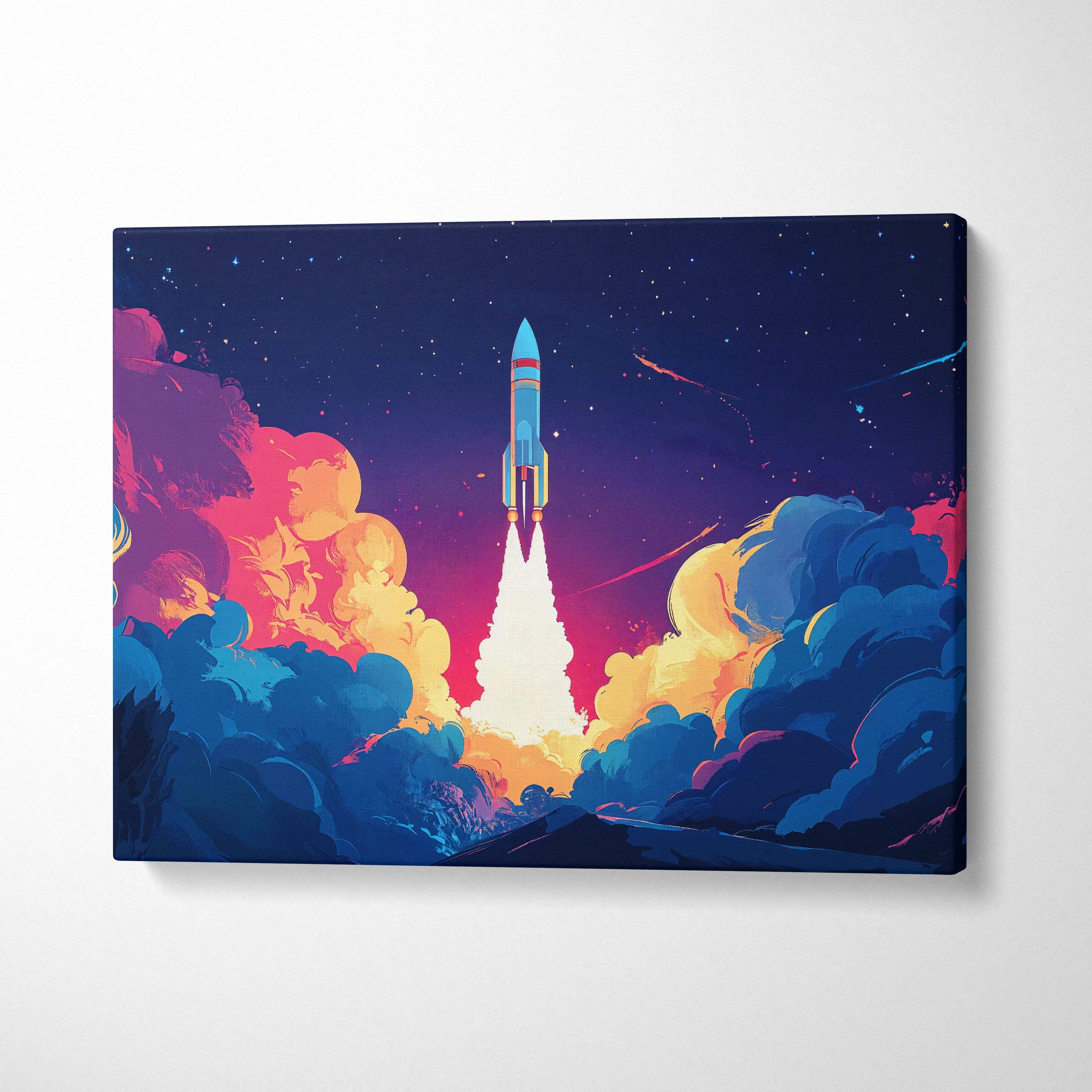 Rocket launch through neon clouds into starry night canvas art