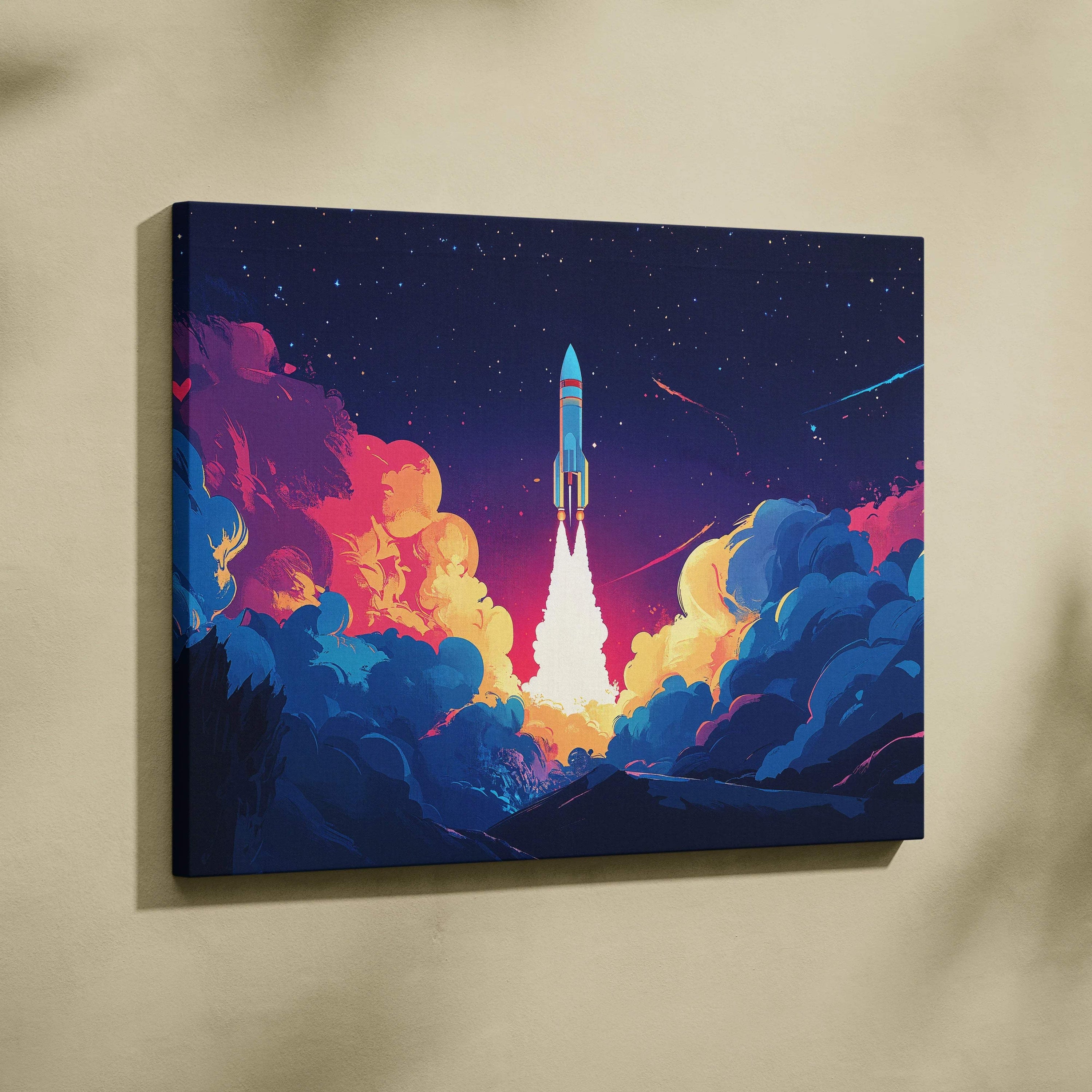 Rocket launch through neon clouds into starry night museum quality canvas art
