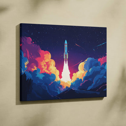 Rocket launch through neon clouds into starry night museum quality canvas art