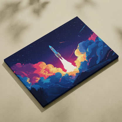 Rocket Launch Through Neon Clouds Into Starry Night Canvas Print