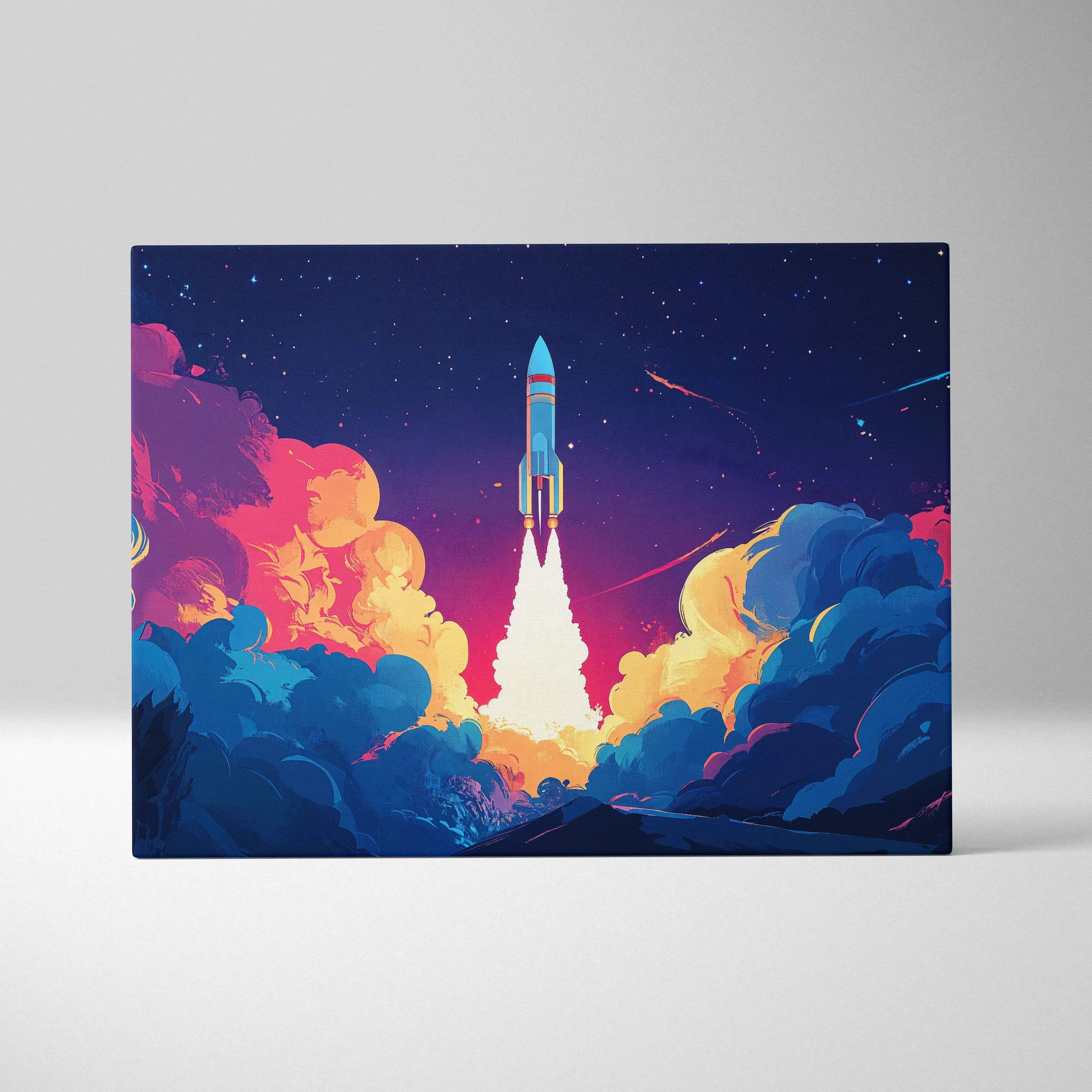 Rocket launch through neon clouds into starry night canvas print