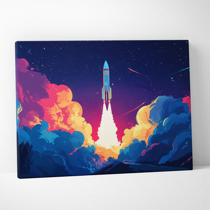 Rocket launch through neon clouds into starry night canvas print