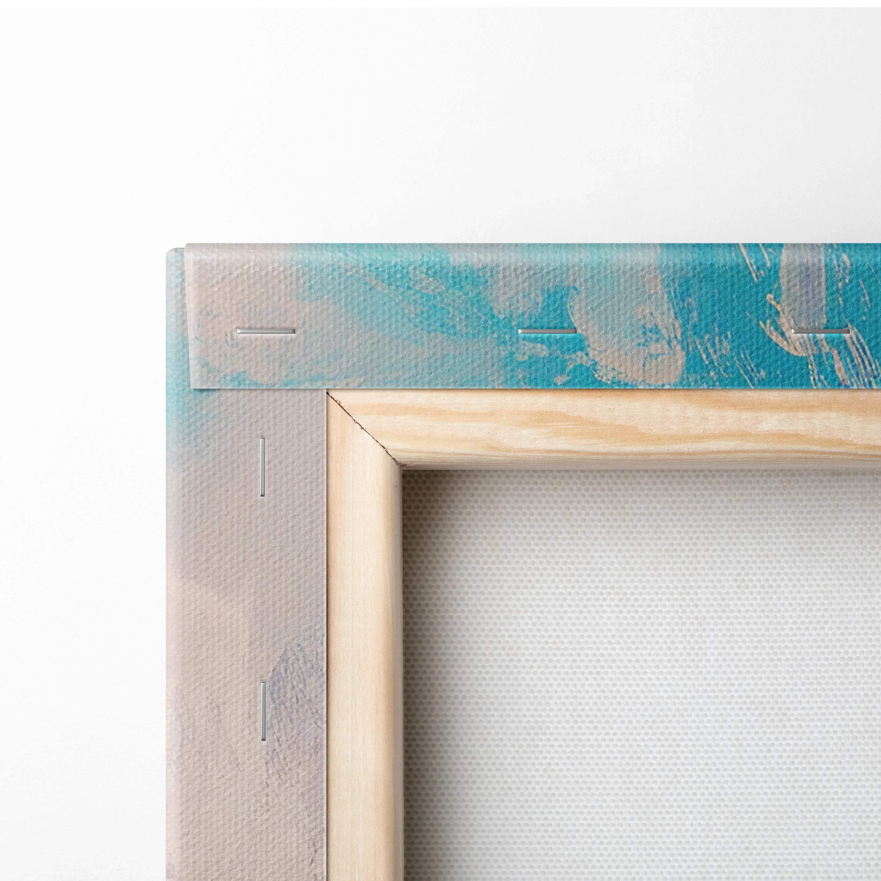 Teal beige abstract edge on wooden frame of Pastel Clouds Lone Rocket canvas
