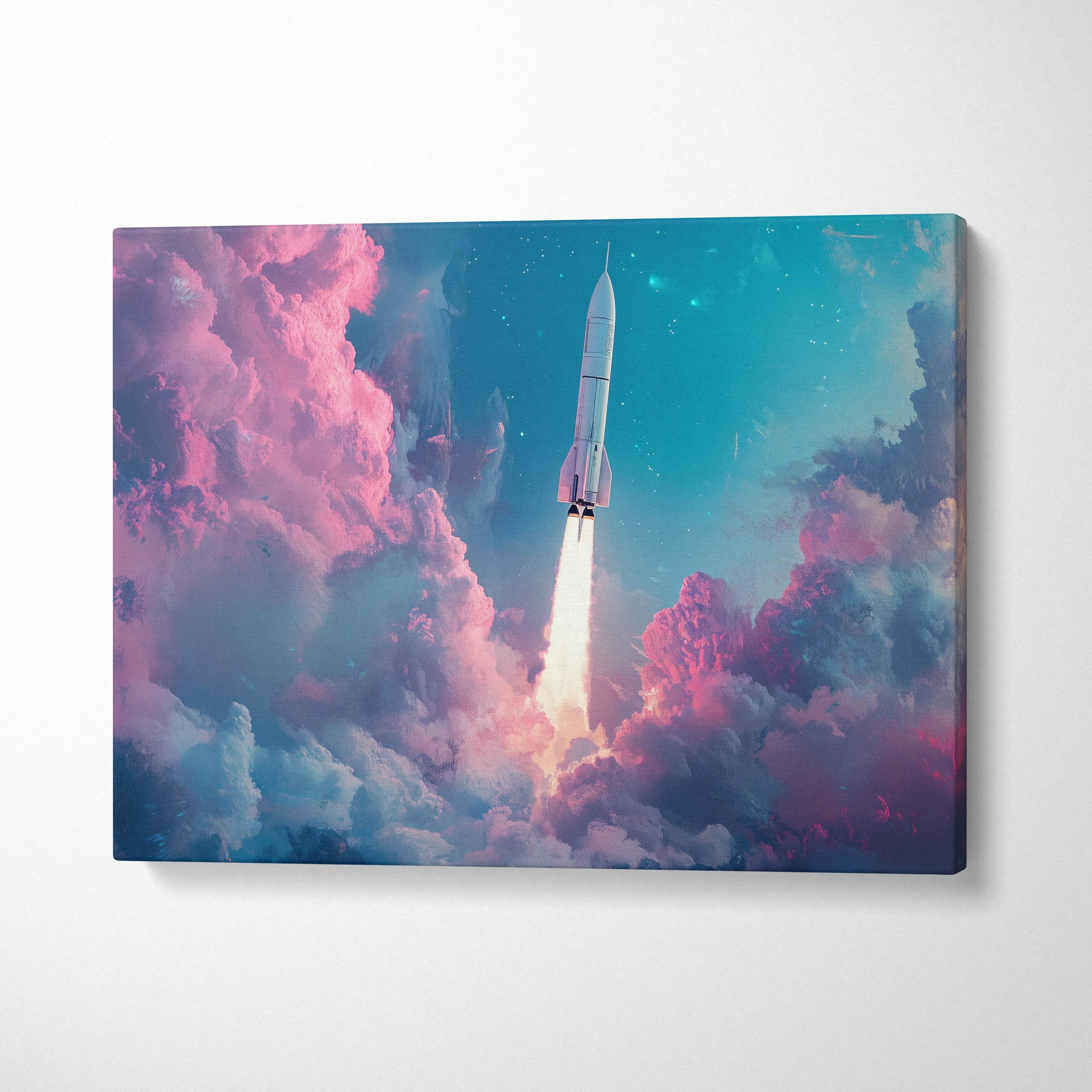 Sleek white rocket ascends through pastel pink teal starry clouds visionary art