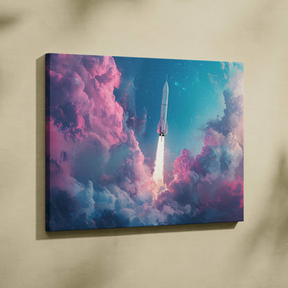 Sleek white rocket ascends through pastel pink blue starry clouds visionary canvas art