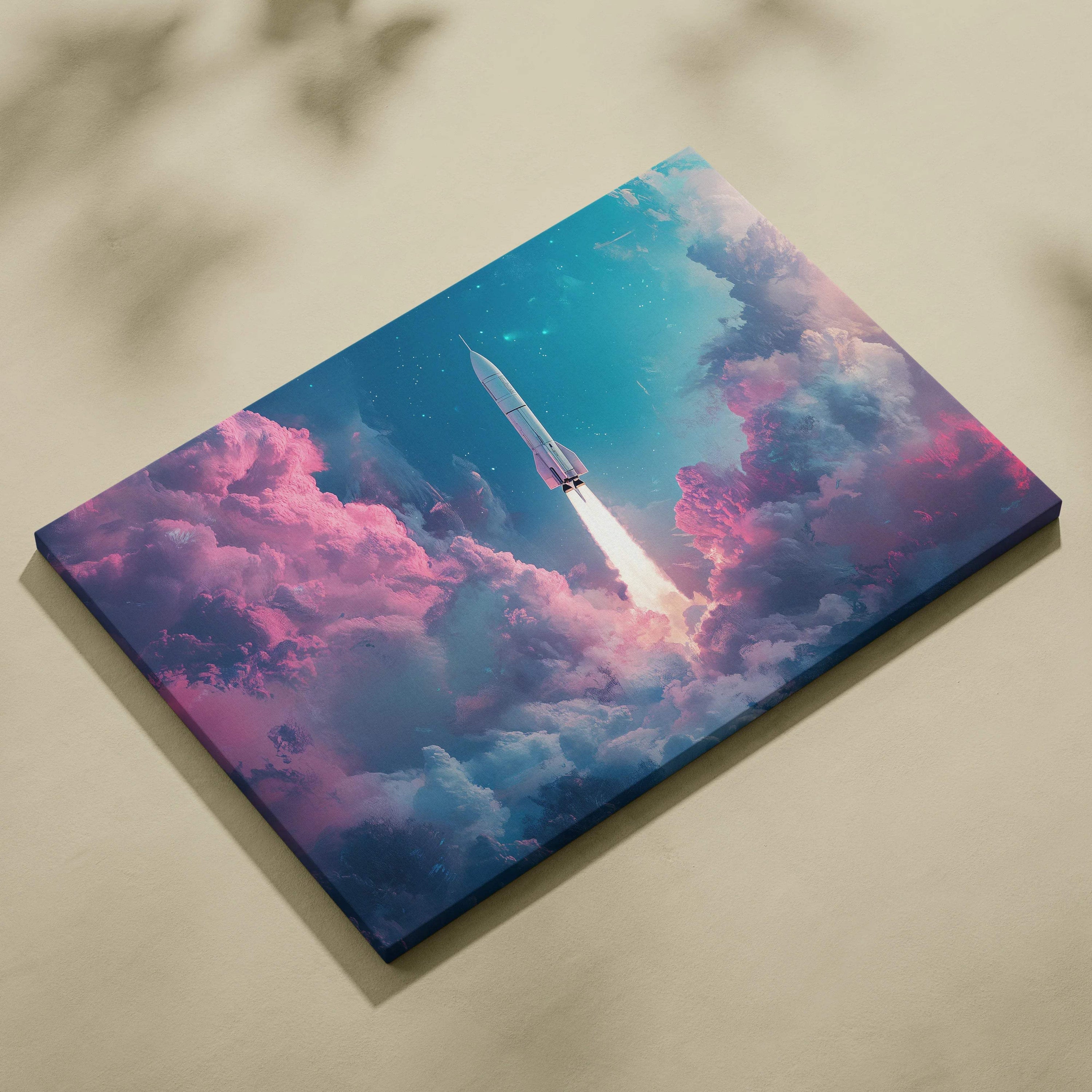 Pastel clouds lone rocket ascends starry sky canvas wall art