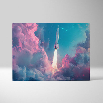 Sleek white rocket with pink purple accents ascends pastel clouds starry sky visionary canvas art
