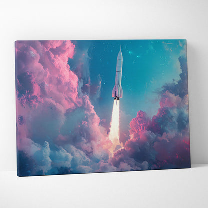 Sleek white rocket with pink purple accents ascends pastel starry clouds canvas