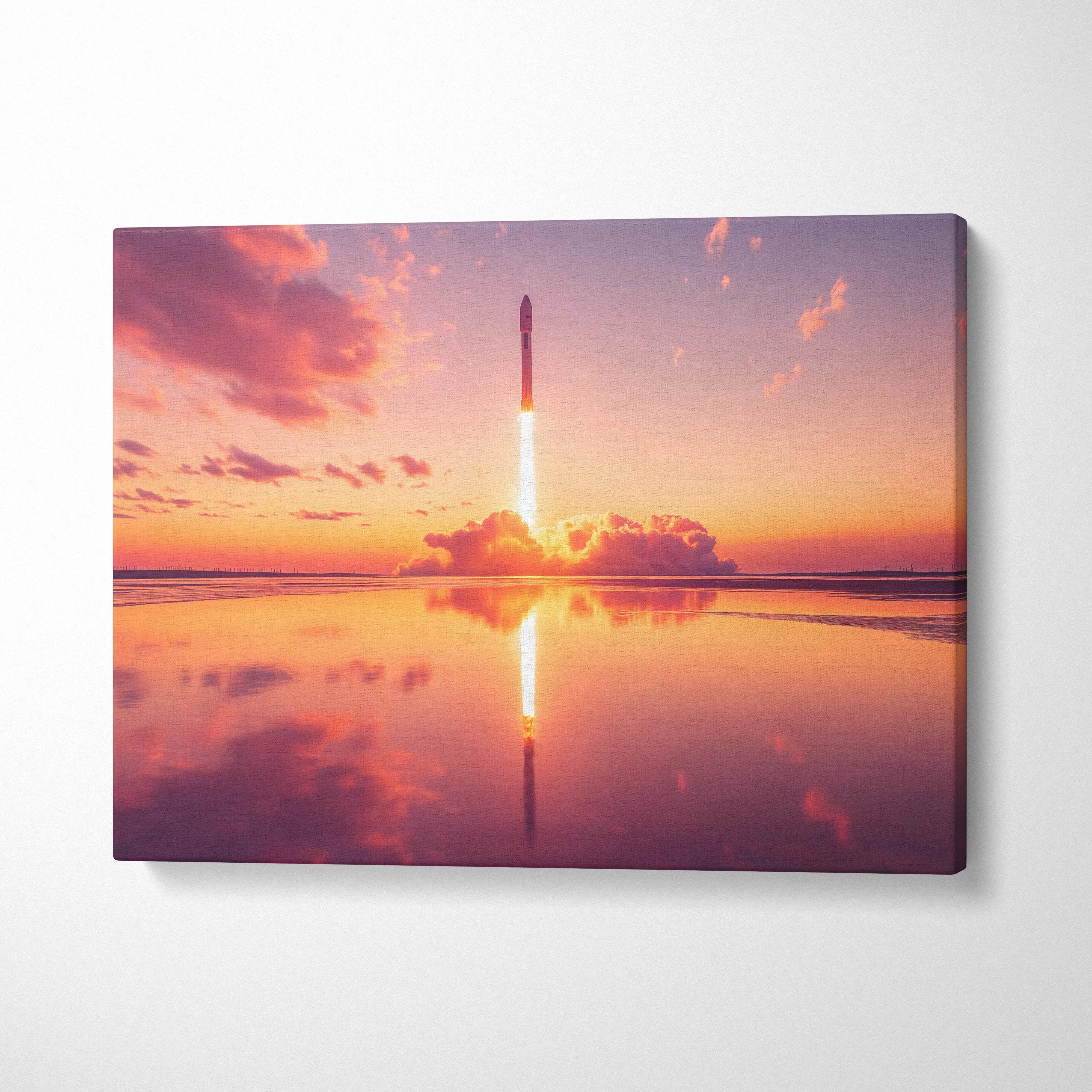 Vibrant sunset rocket launch canvas art with fiery plume reflected on calm water