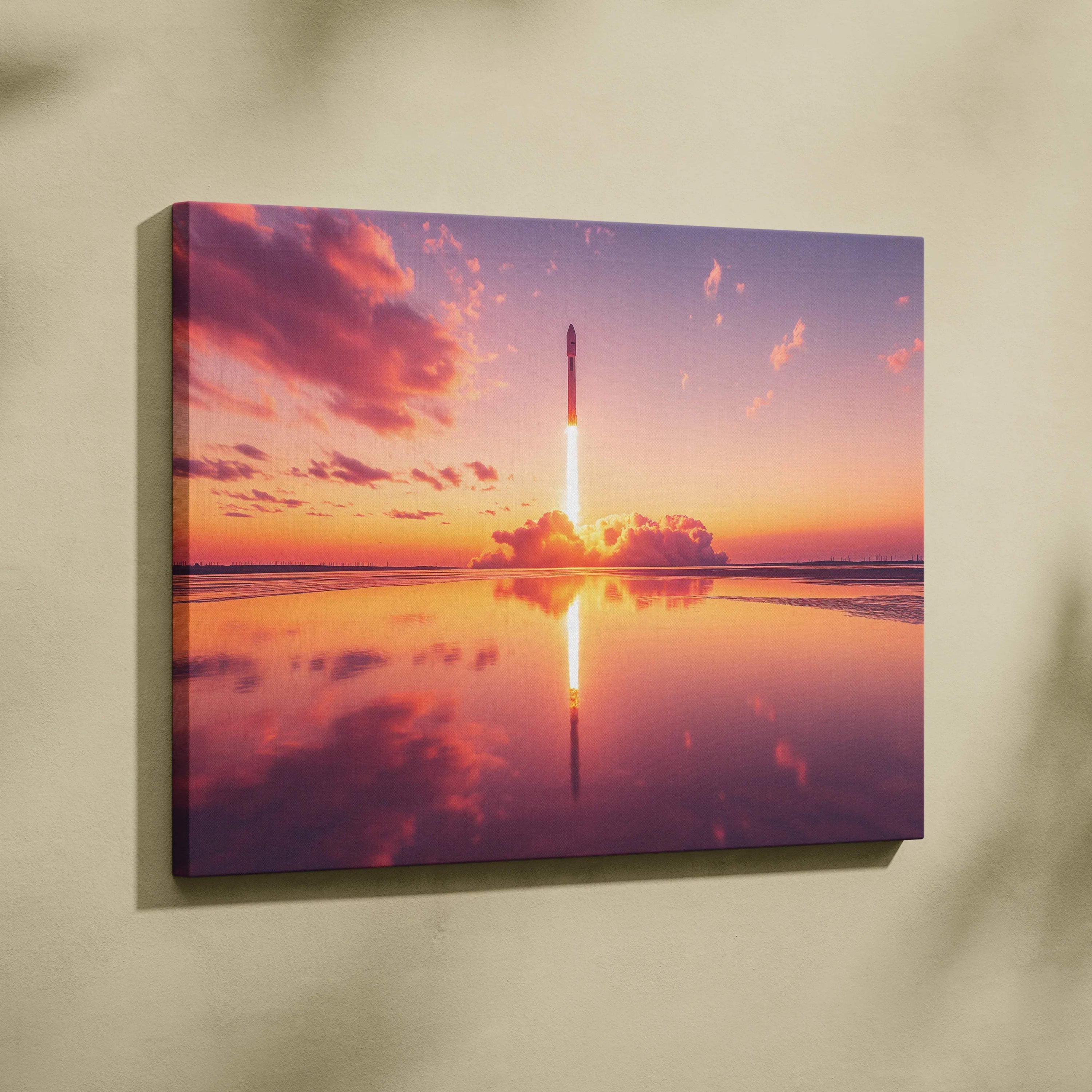 Sunset rocket launch canvas wall art with fiery plume reflected on calm water