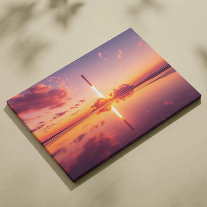 Sunset rocket launch canvas art with fiery plume on calm water
