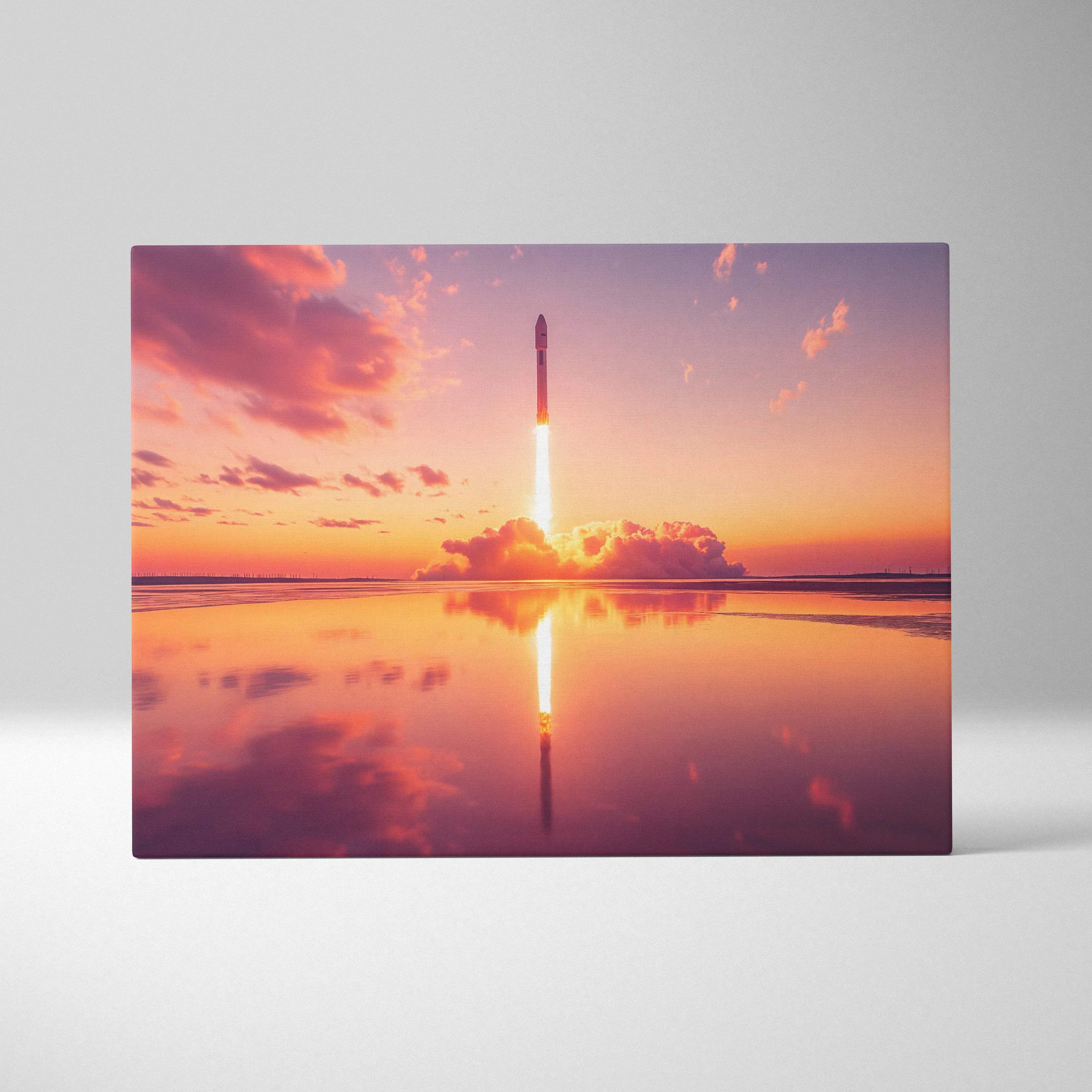 Sunset rocket launch canvas art with fiery plume reflected on calm water