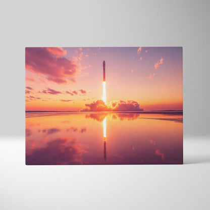Sunset rocket launch canvas art with fiery plume reflected on calm water