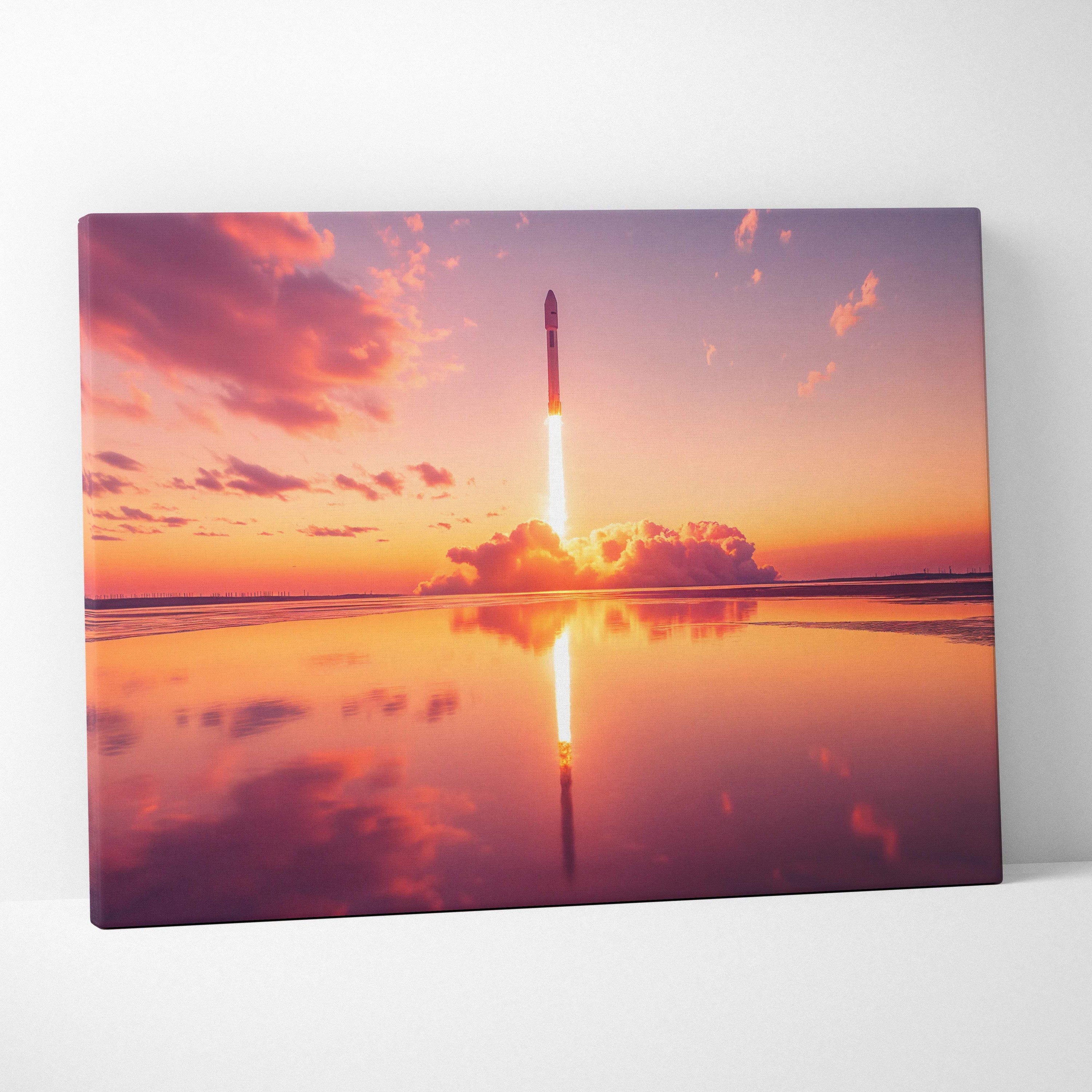 Sunset rocket launch canvas art with fiery plume reflected on calm water