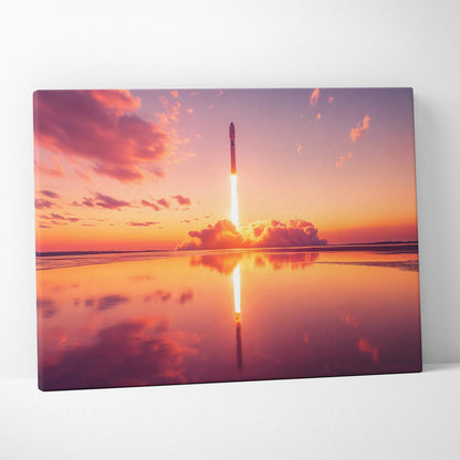 Sunset rocket launch canvas art with fiery plume reflected on calm water