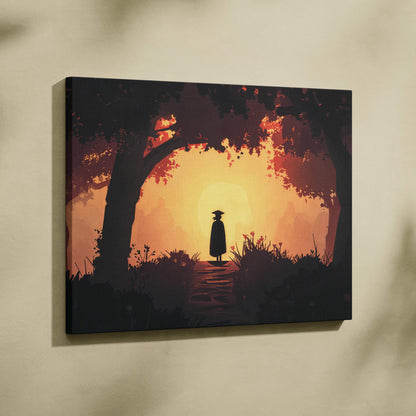 Silhouette of lone traveler in hat under autumn trees at sunset canvas art