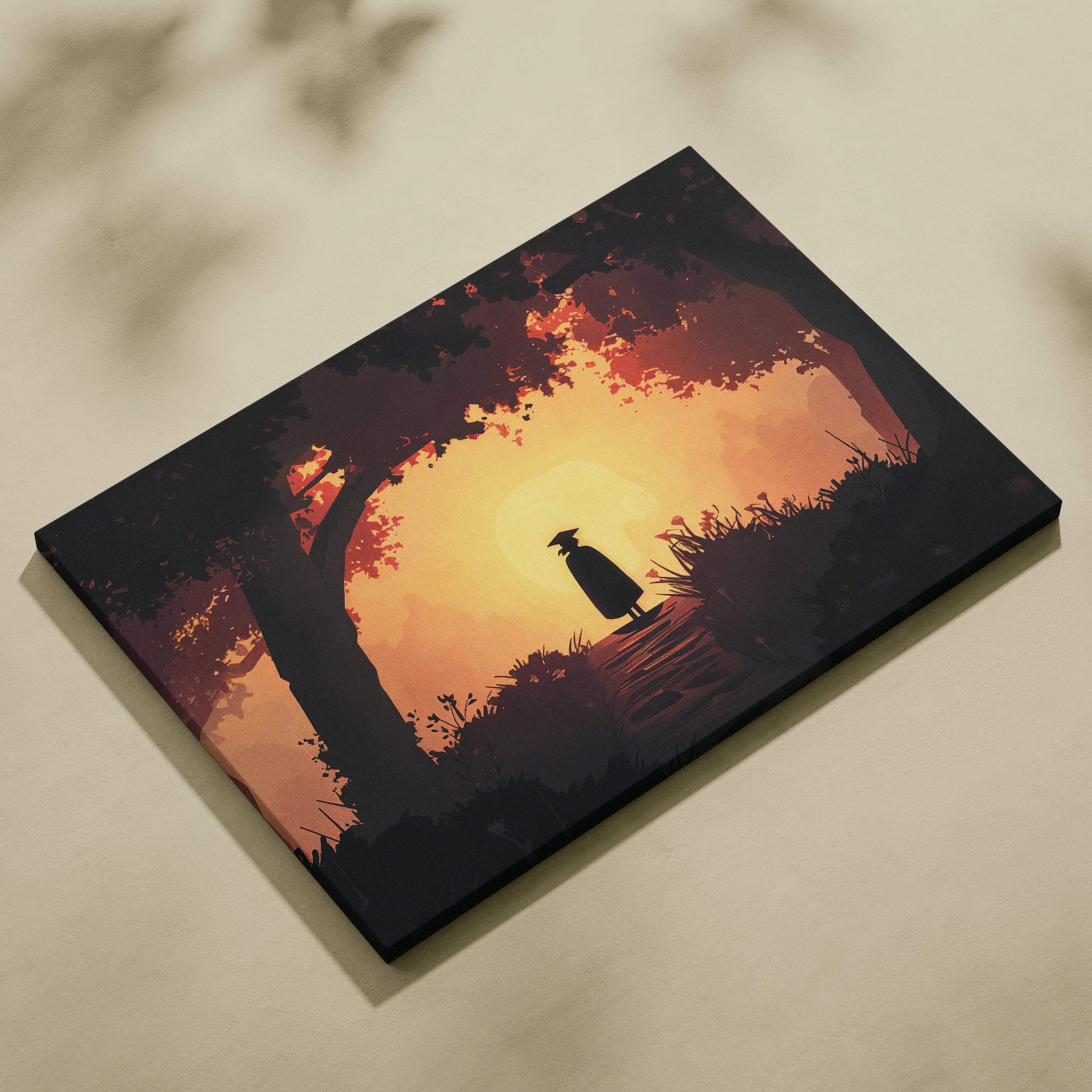 Silhouette of lone traveler under autumn trees at sunset canvas wall art