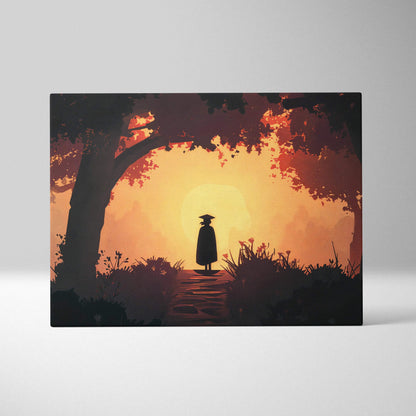 Silhouette of lone traveler in autumn trees at sunset golden glow canvas art