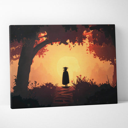 Silhouette of lone traveler in hat and cloak beneath autumn trees at sunset canvas art