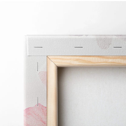 Light wood-framed canvas with pink purple gold blossoms on white