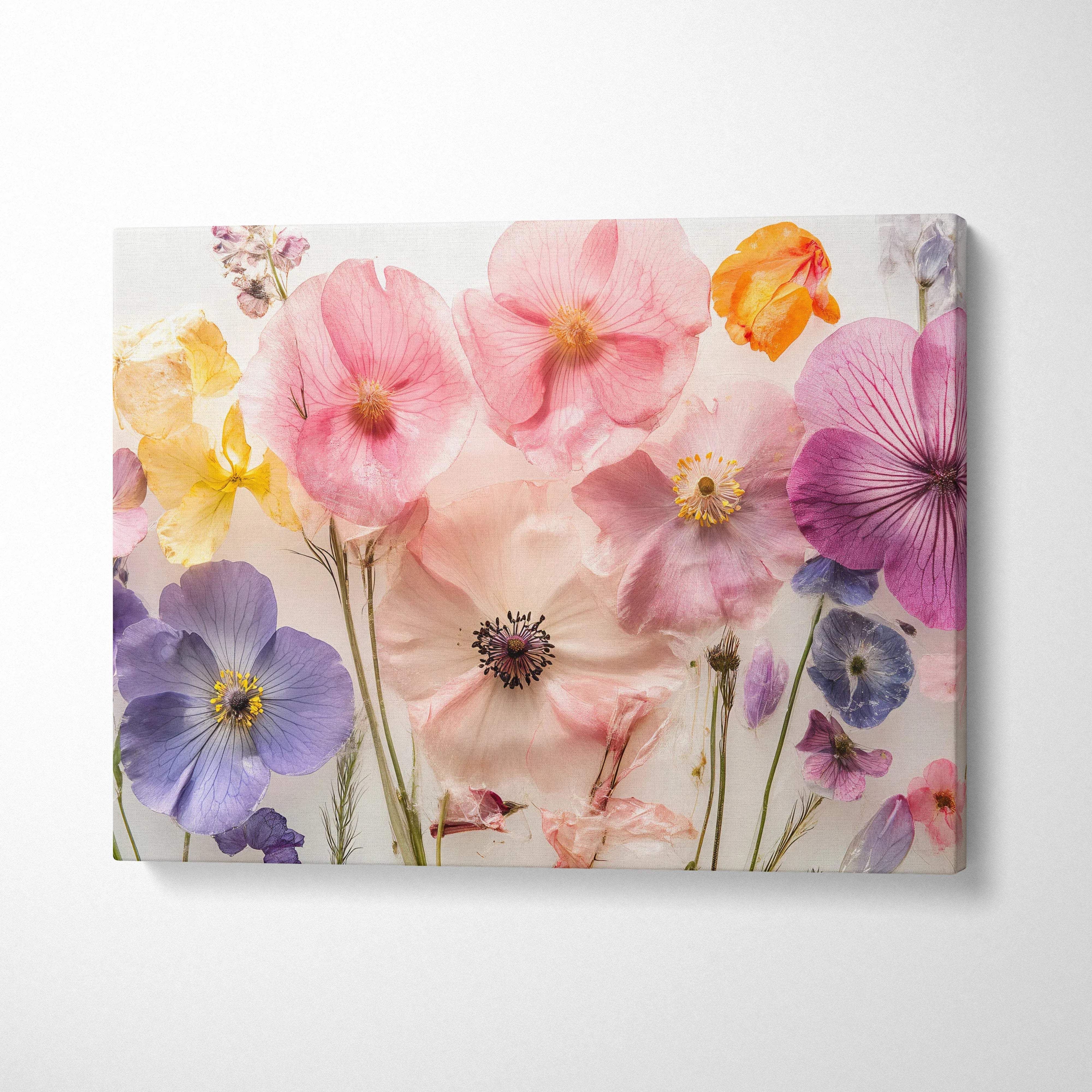 Pressed blossoms in soft pink purple gold on white canvas wall art