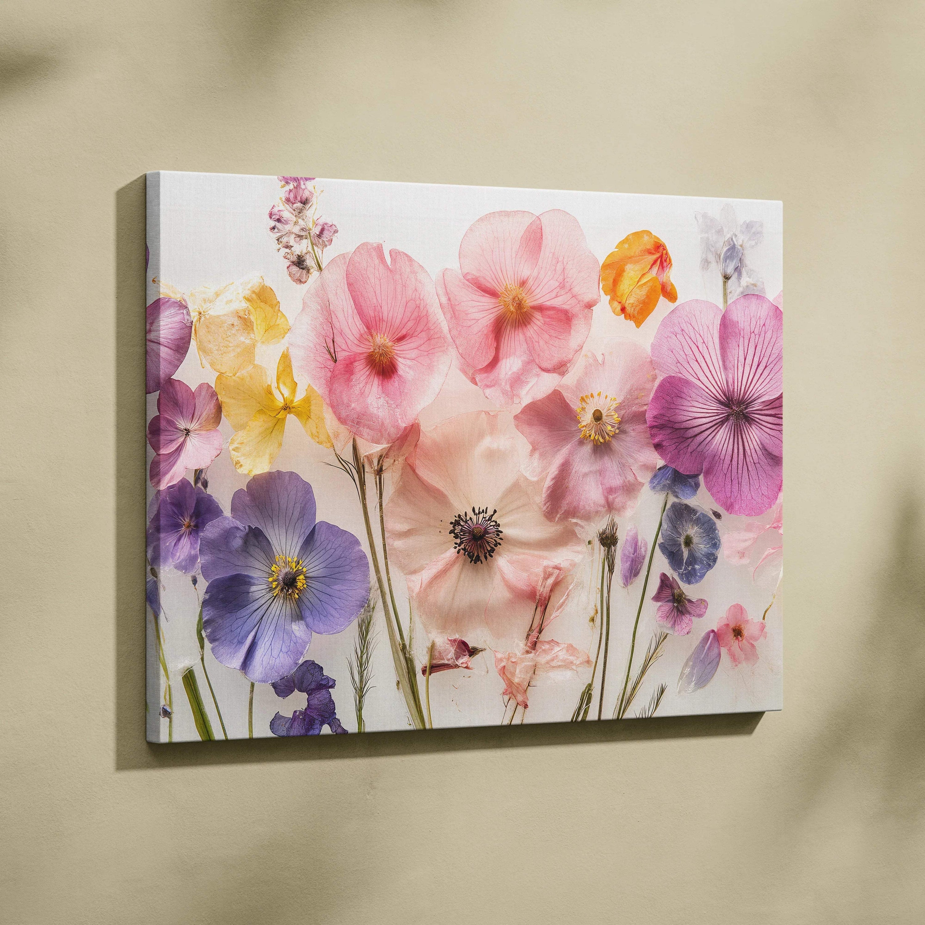 Pressed blossoms in soft pink purple gold on white canvas wall art