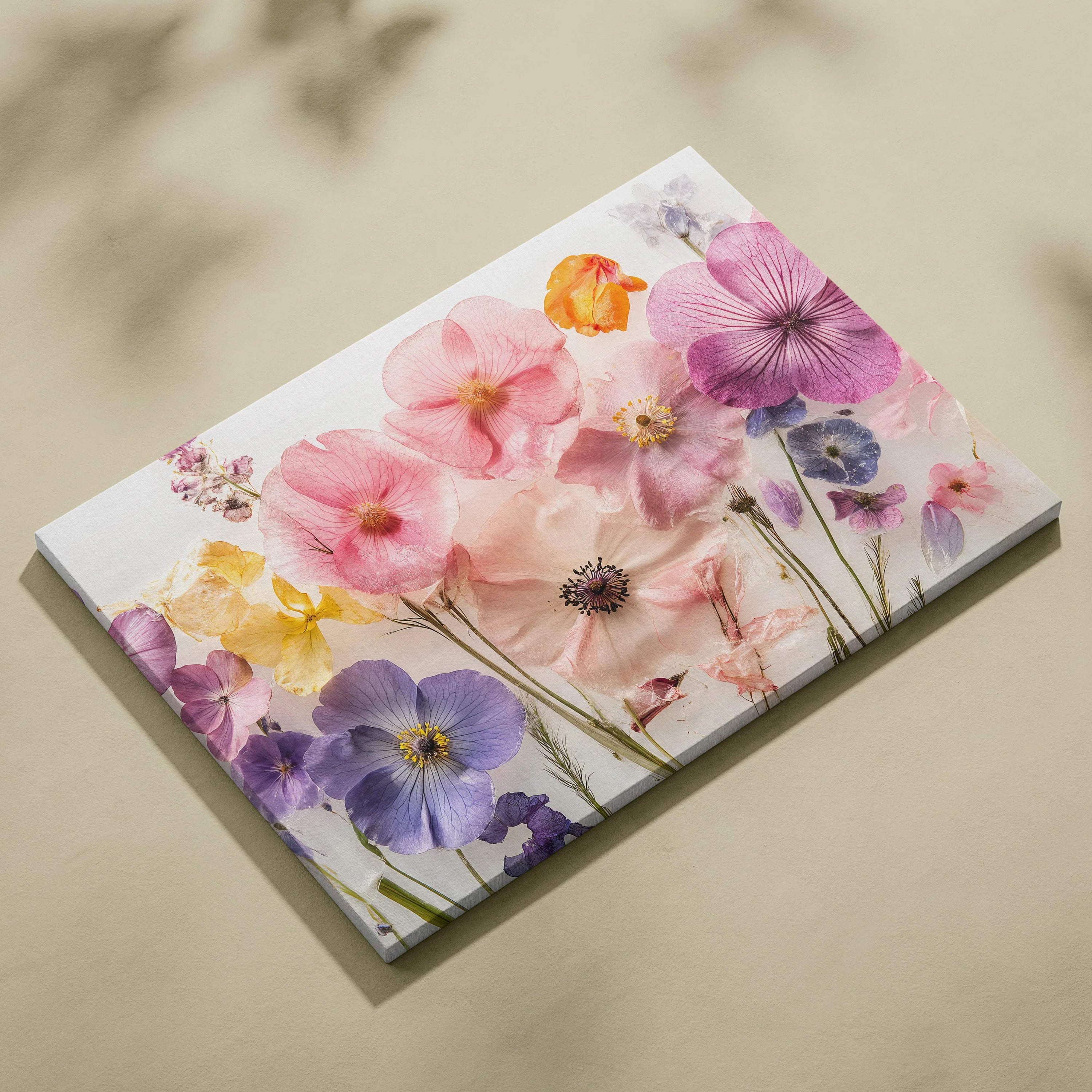 Pressed blossoms in soft pink purple gold on white canvas wall art