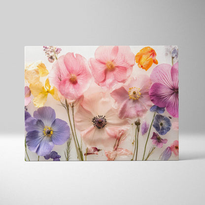 Pressed blossoms in soft pink purple gold on white canvas wall art