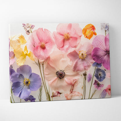 Pressed blossoms in soft pink purple gold on white canvas wall art