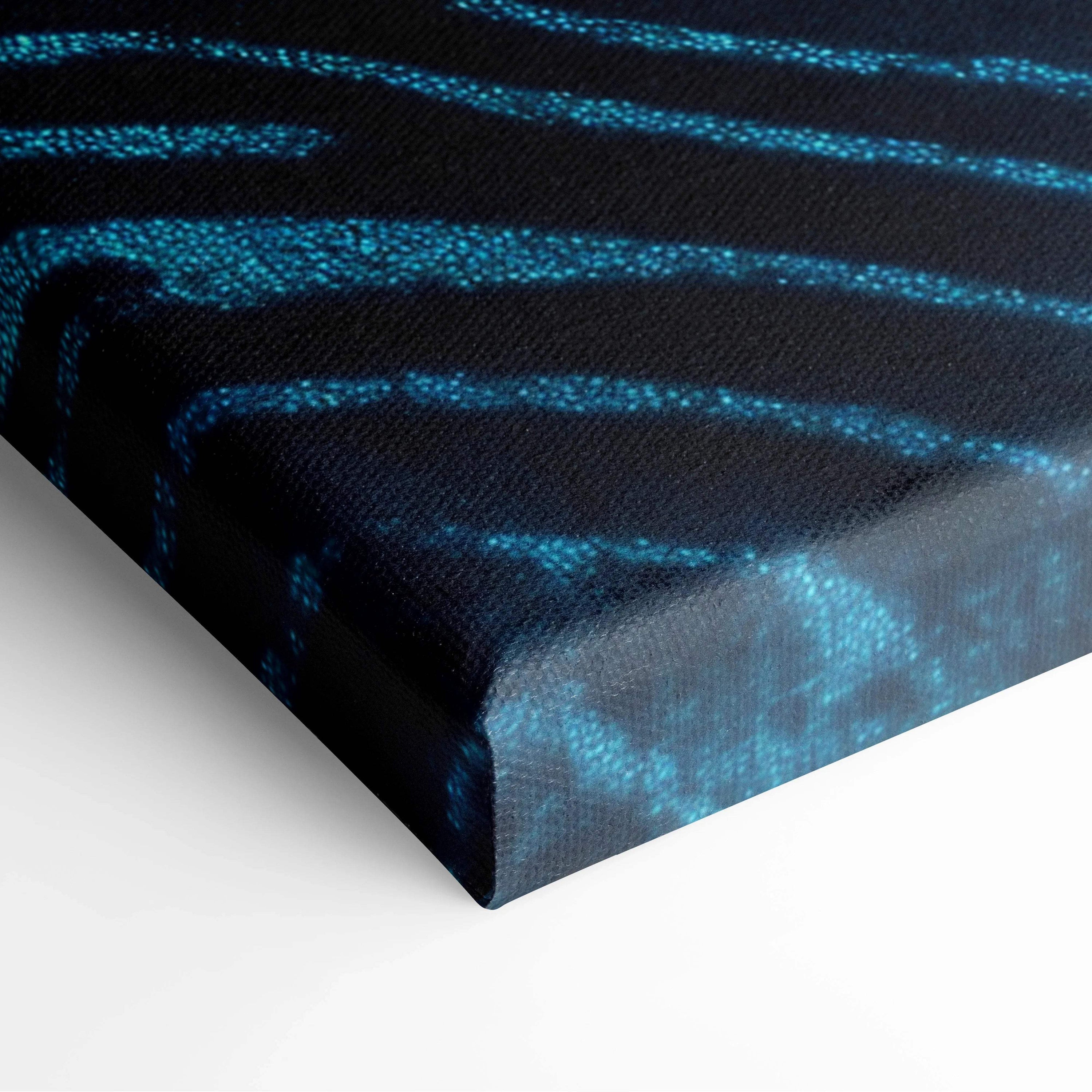 Black canvas print with glowing turquoise zebra stripes and textured ridges