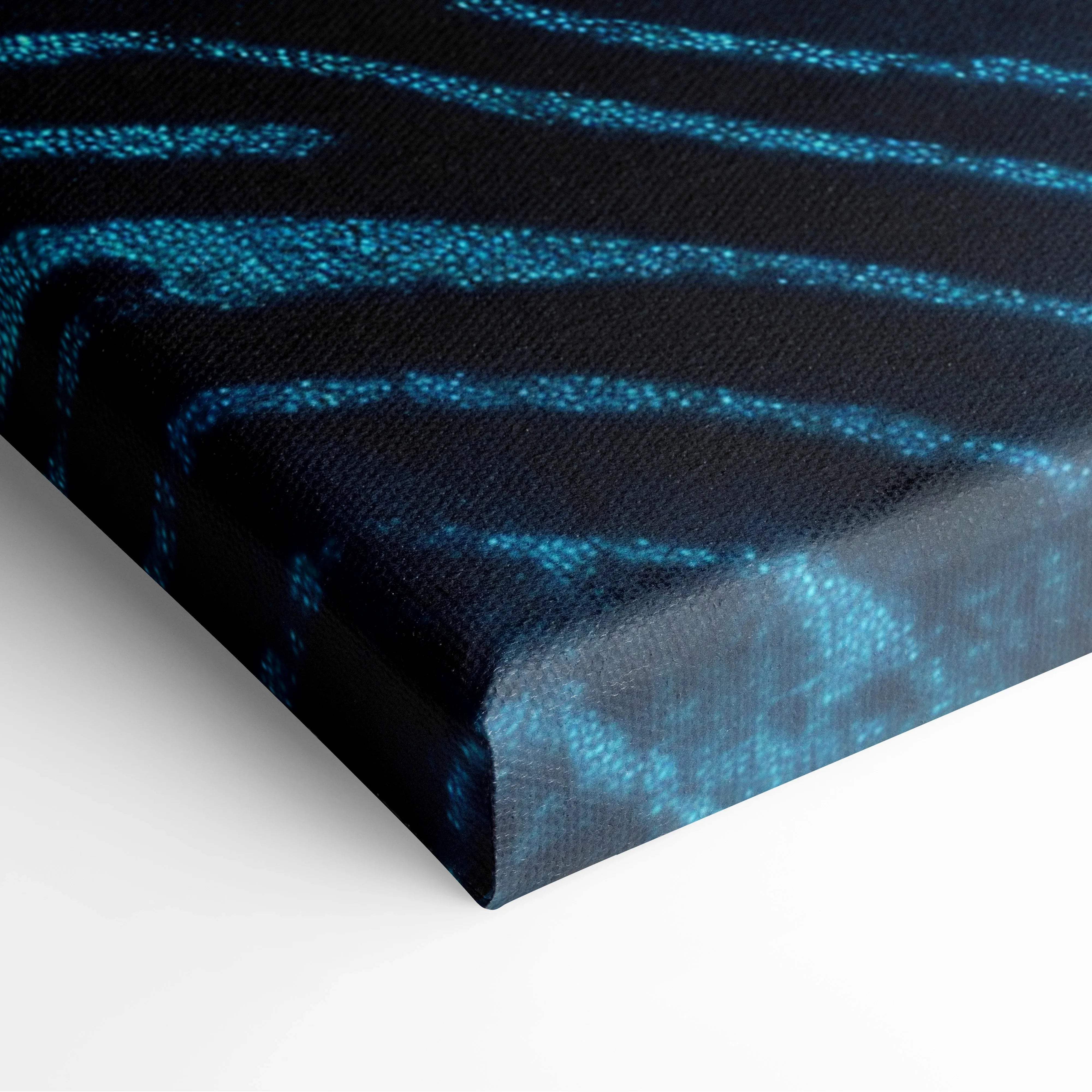 Black canvas print with glowing turquoise zebra stripes and textured ridges