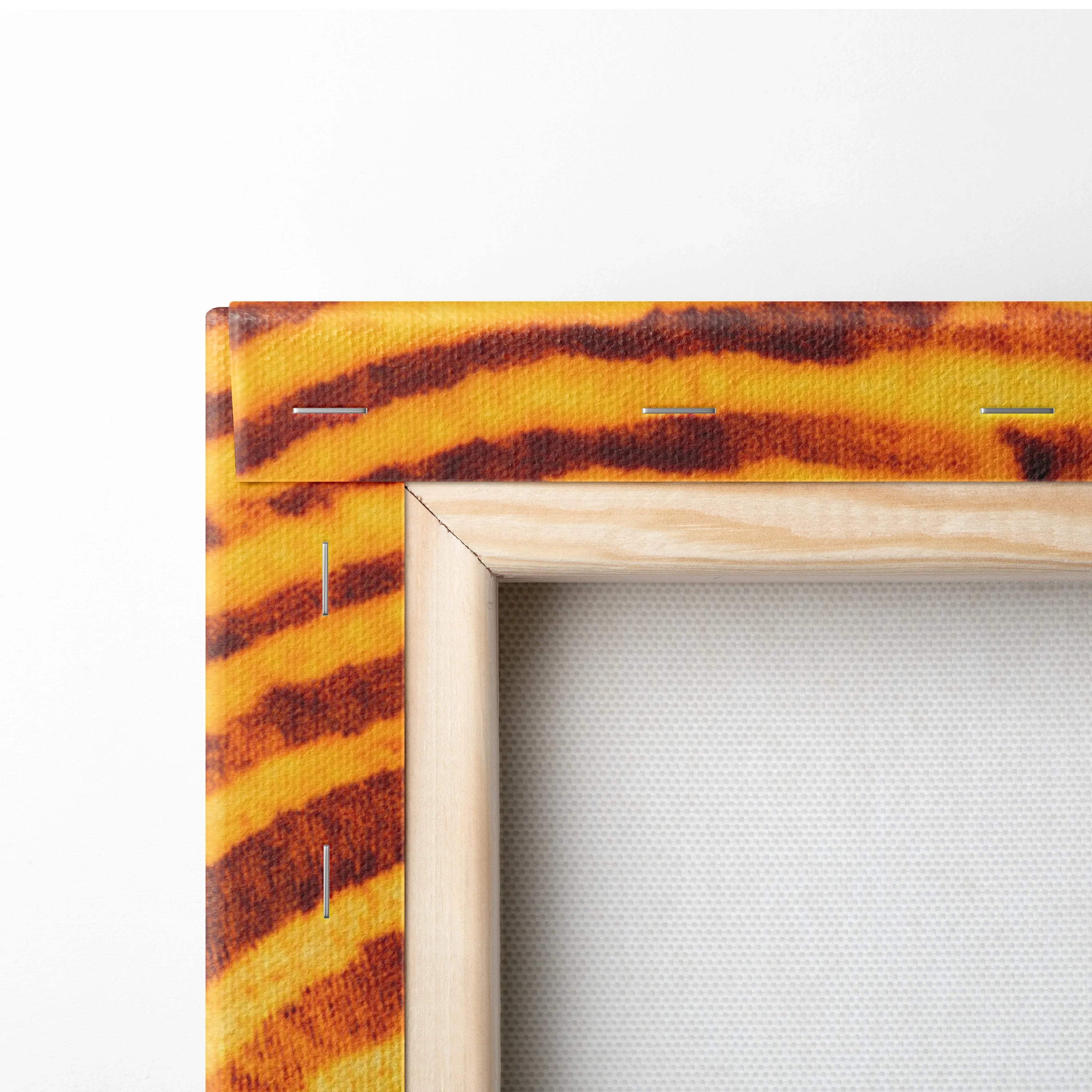 Vibrant orange brown tiger stripe canvas art in light wood frame