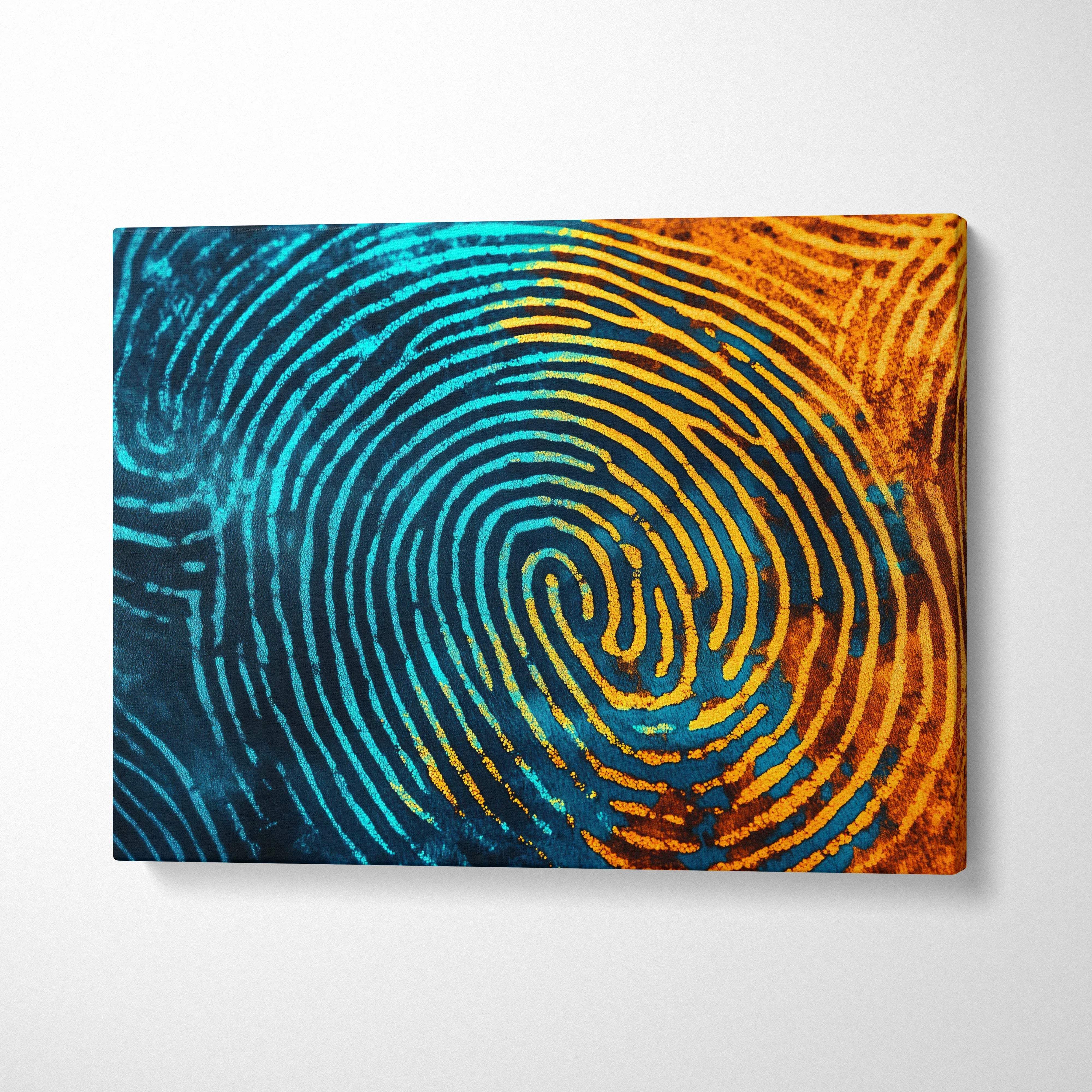 Vibrant electric blue and molten gold fingerprint spiral canvas art with textured ridges