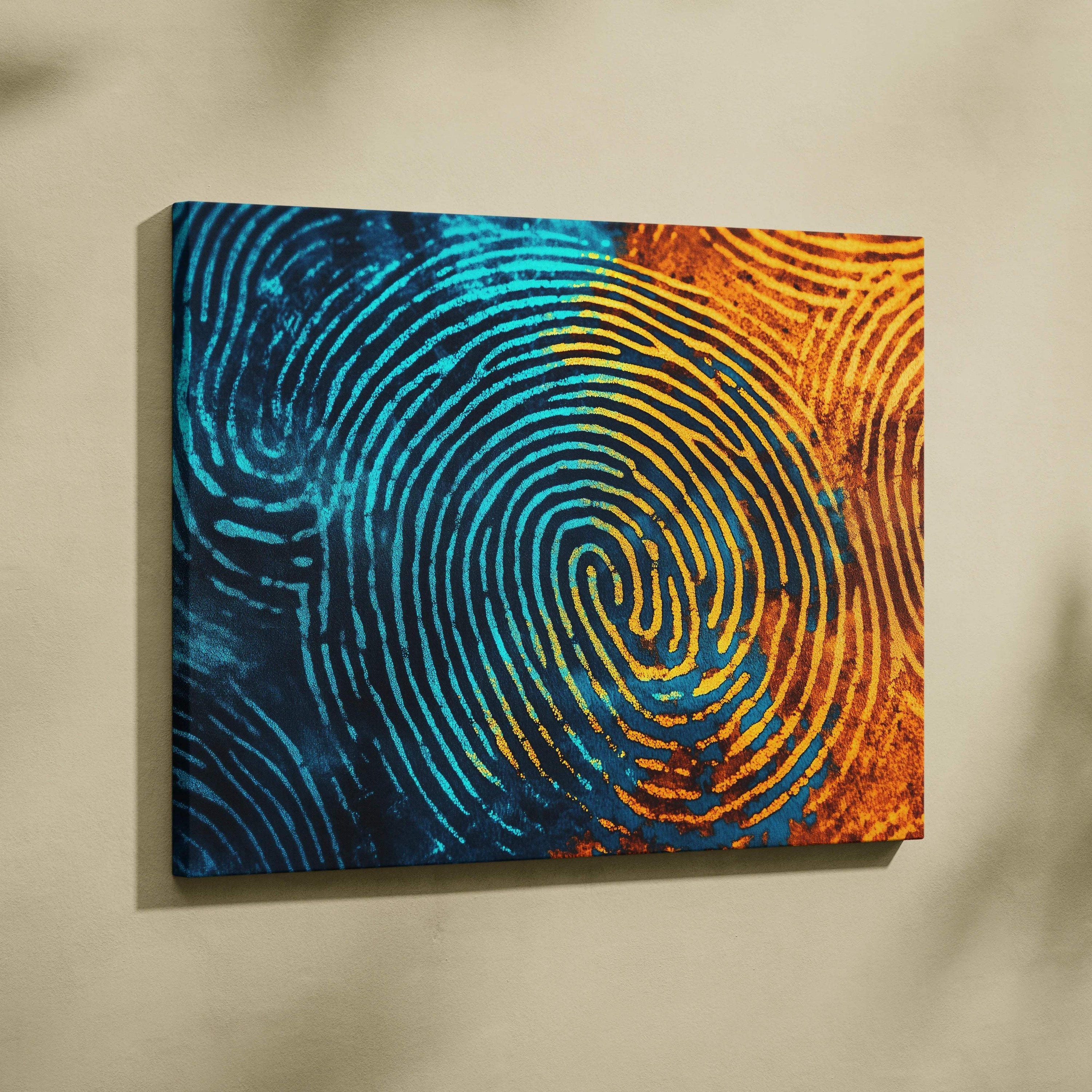 Electric Blue And Molten Gold Fingerprint Spiral Canvas Wall Art
