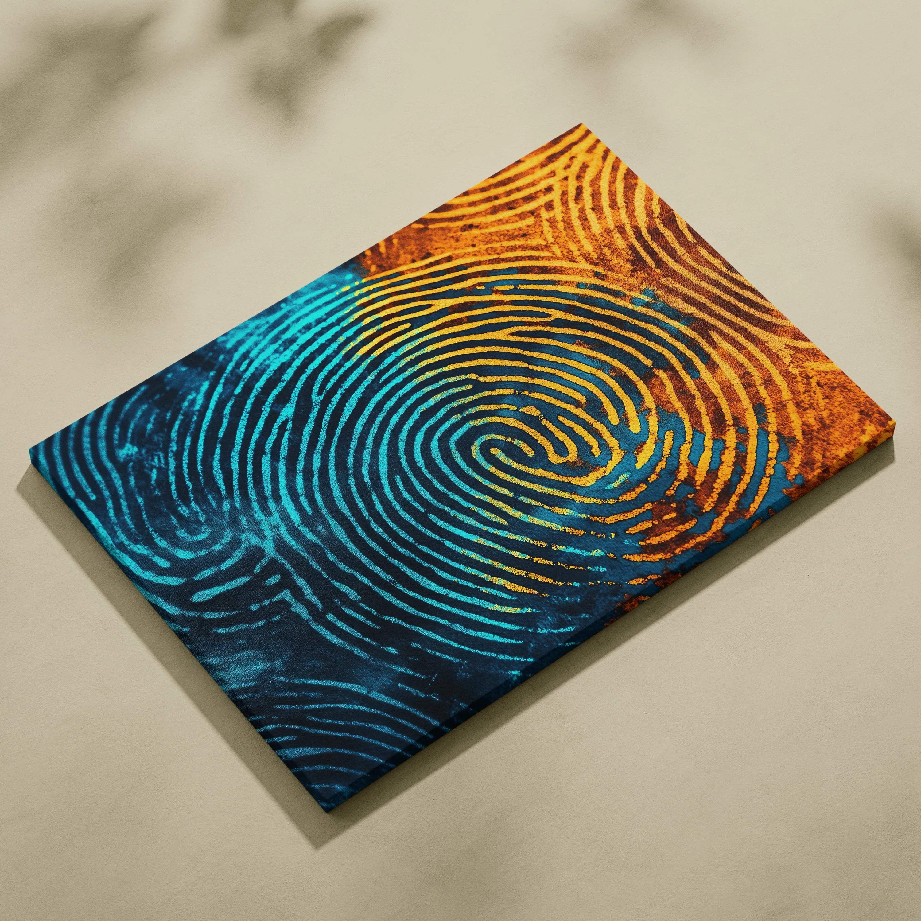 Electric blue and molten gold fingerprint spiral canvas wall art