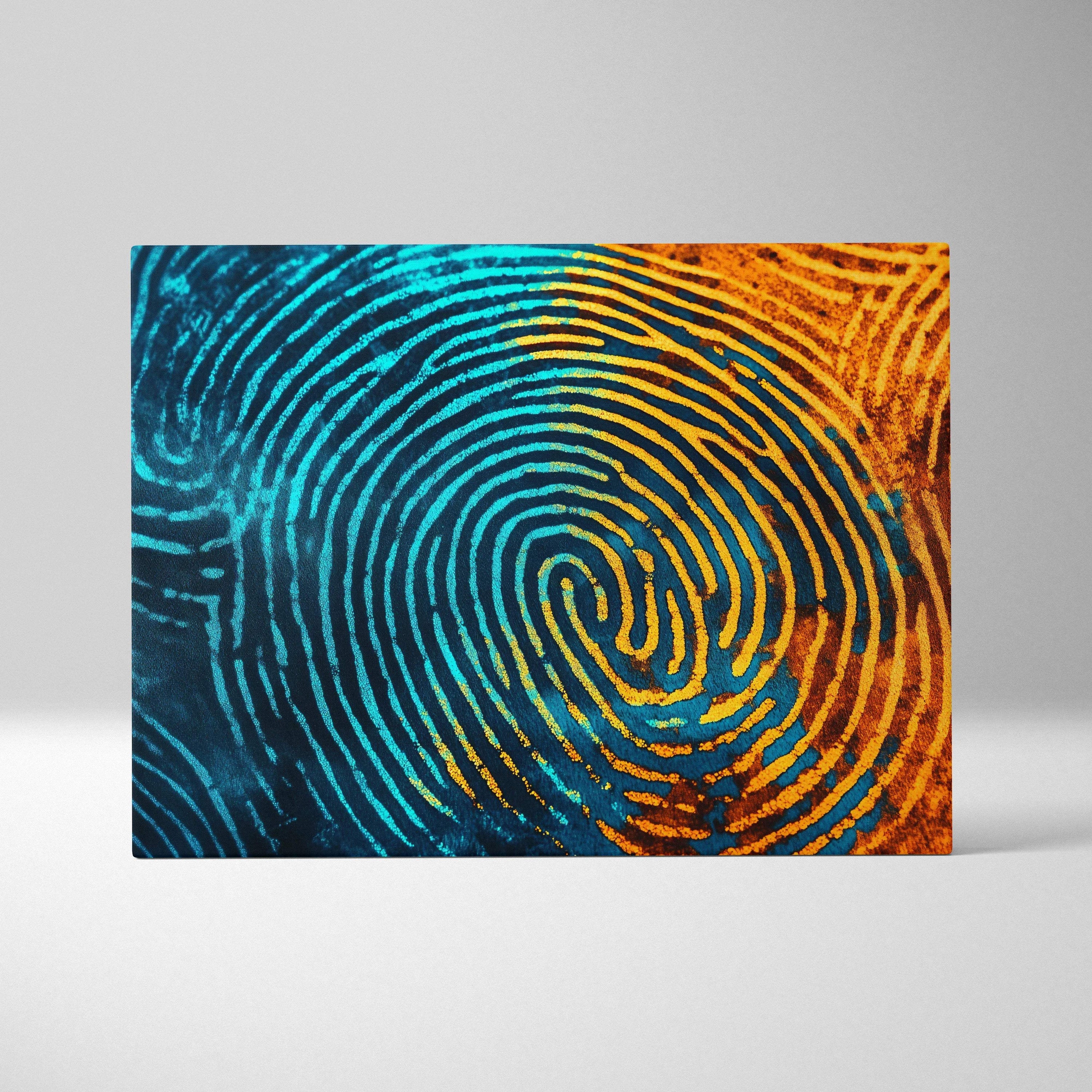 Electric blue and molten gold fingerprint spiral canvas wall art