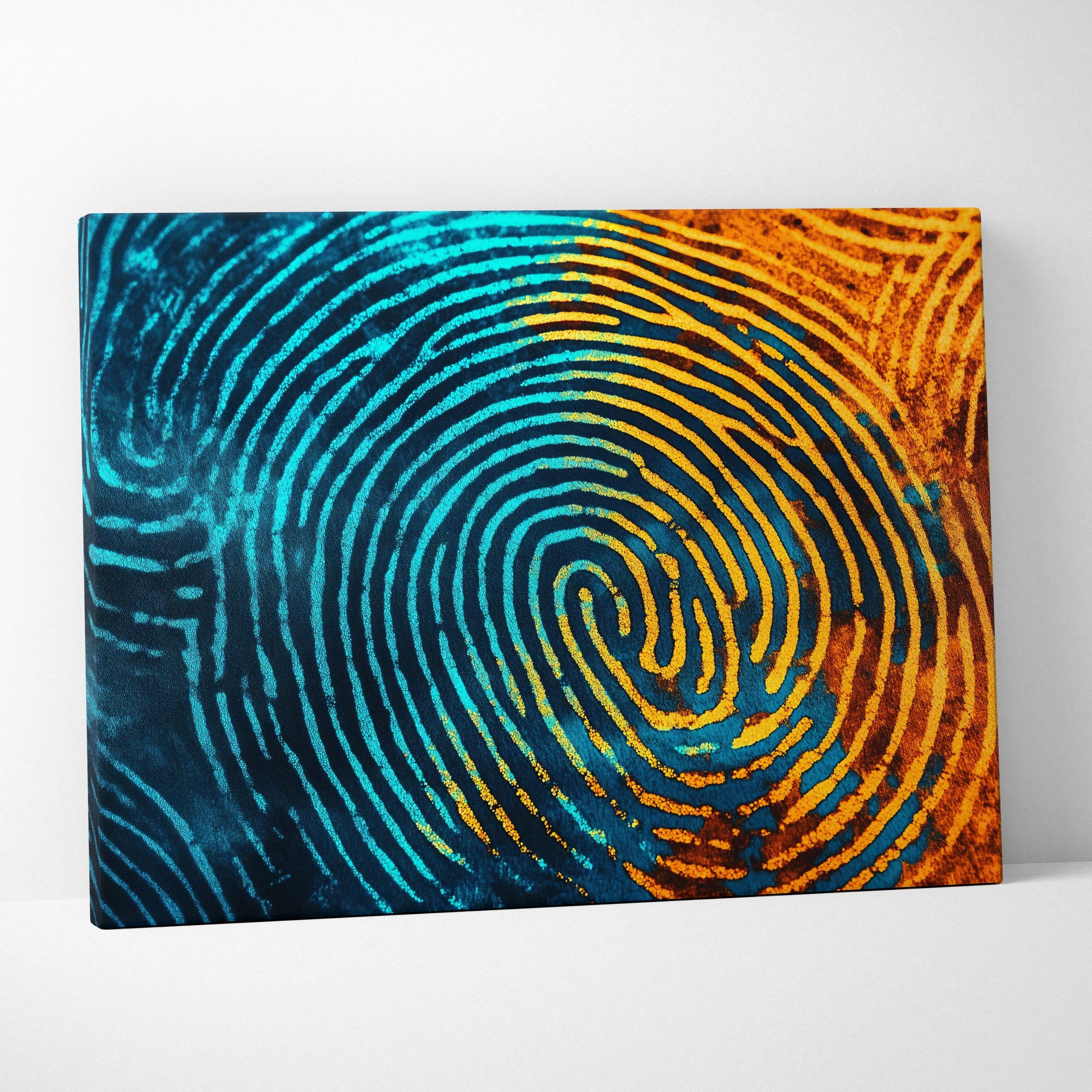 Electric blue and molten gold fingerprint spiral canvas wall art with textured ridges