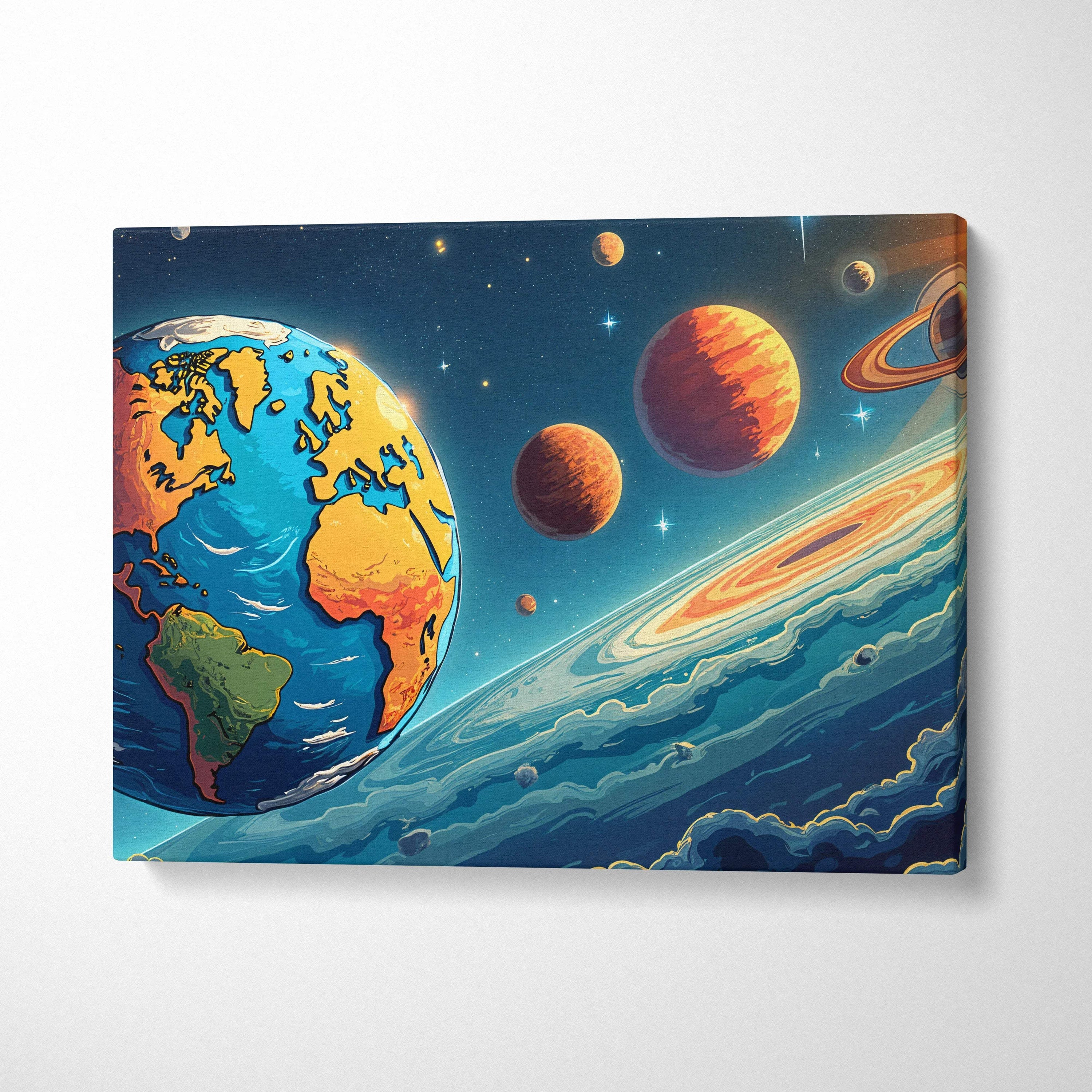 Visionary Earth with radiant planets in vibrant blues and oranges canvas art