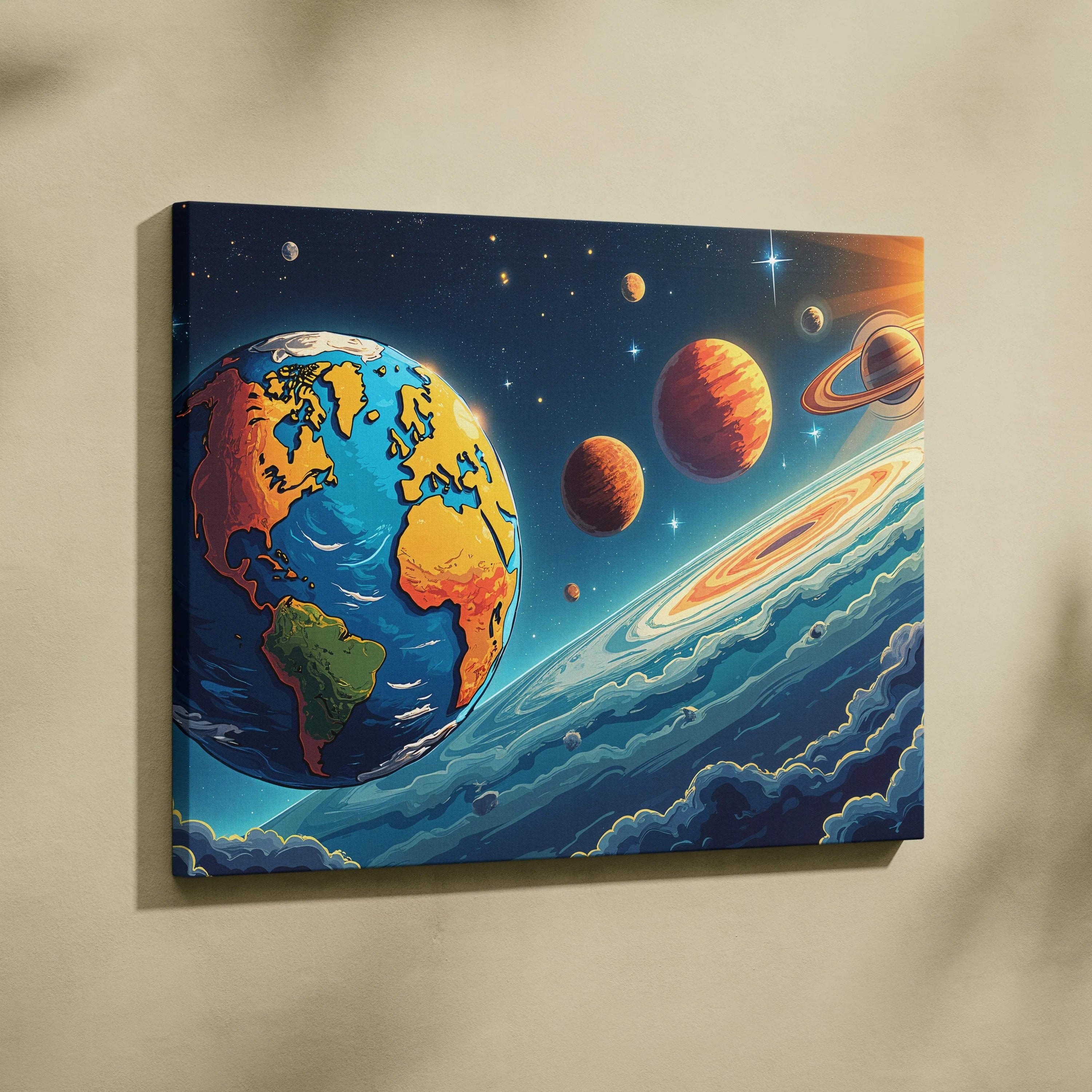 Vibrant Earth among radiant planets in blues and oranges canvas art