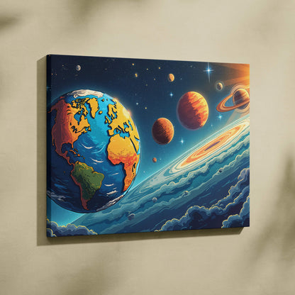 Vibrant Earth among radiant planets in blues and oranges canvas art