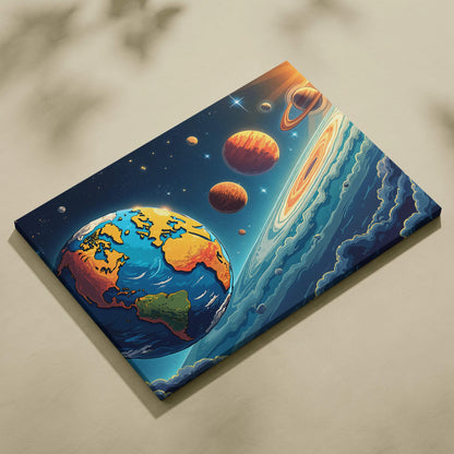 Vibrant visionary earth among radiant planets canvas wall art