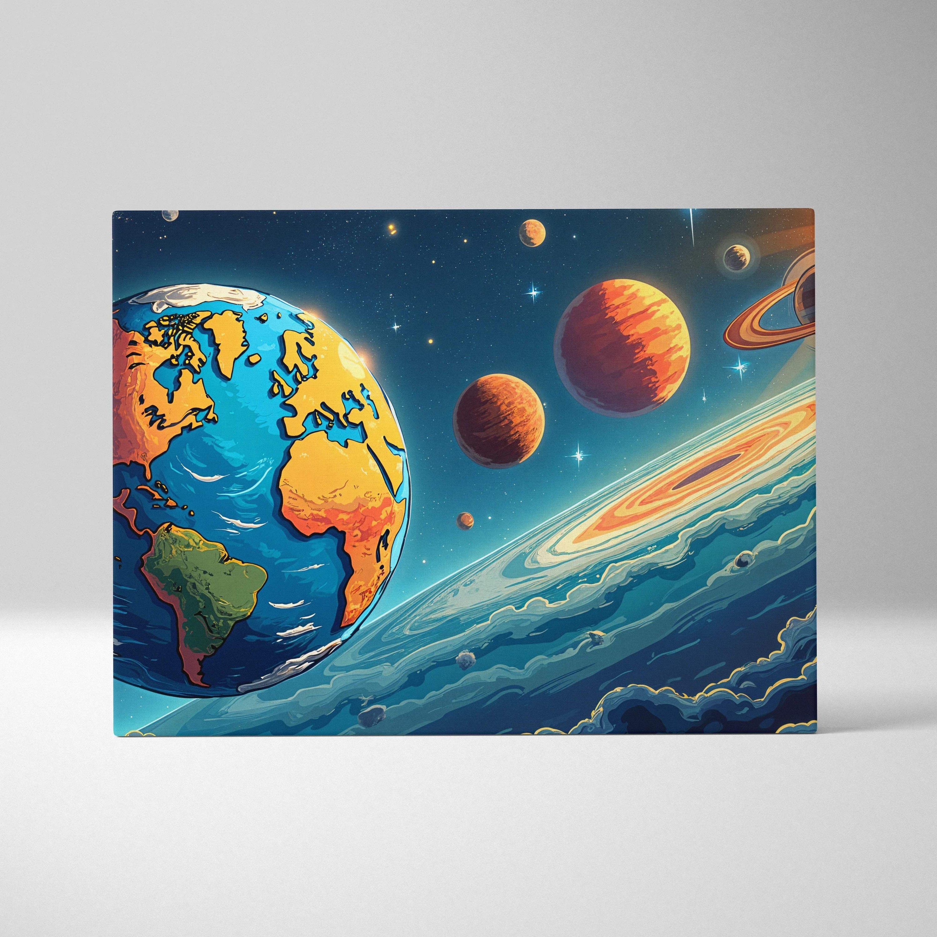 Visionary Earth with radiant planets in vibrant blues and oranges canvas art