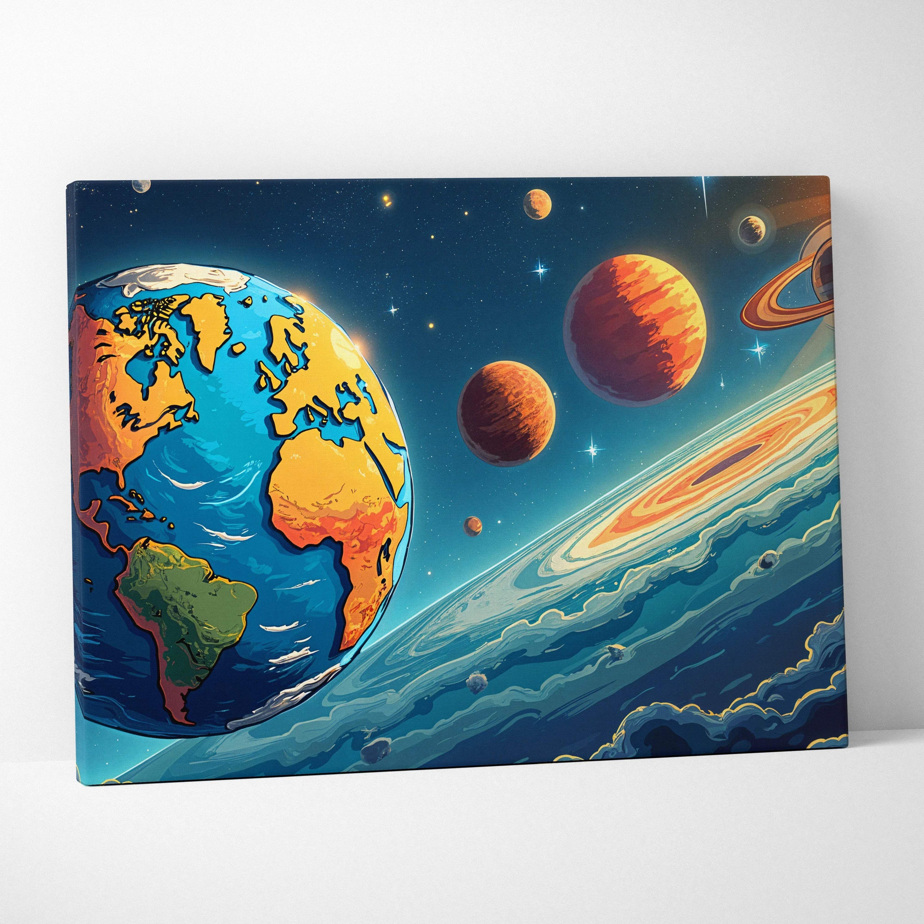 Vibrant cartoon Earth among radiant planets in blues oranges starry canvas art