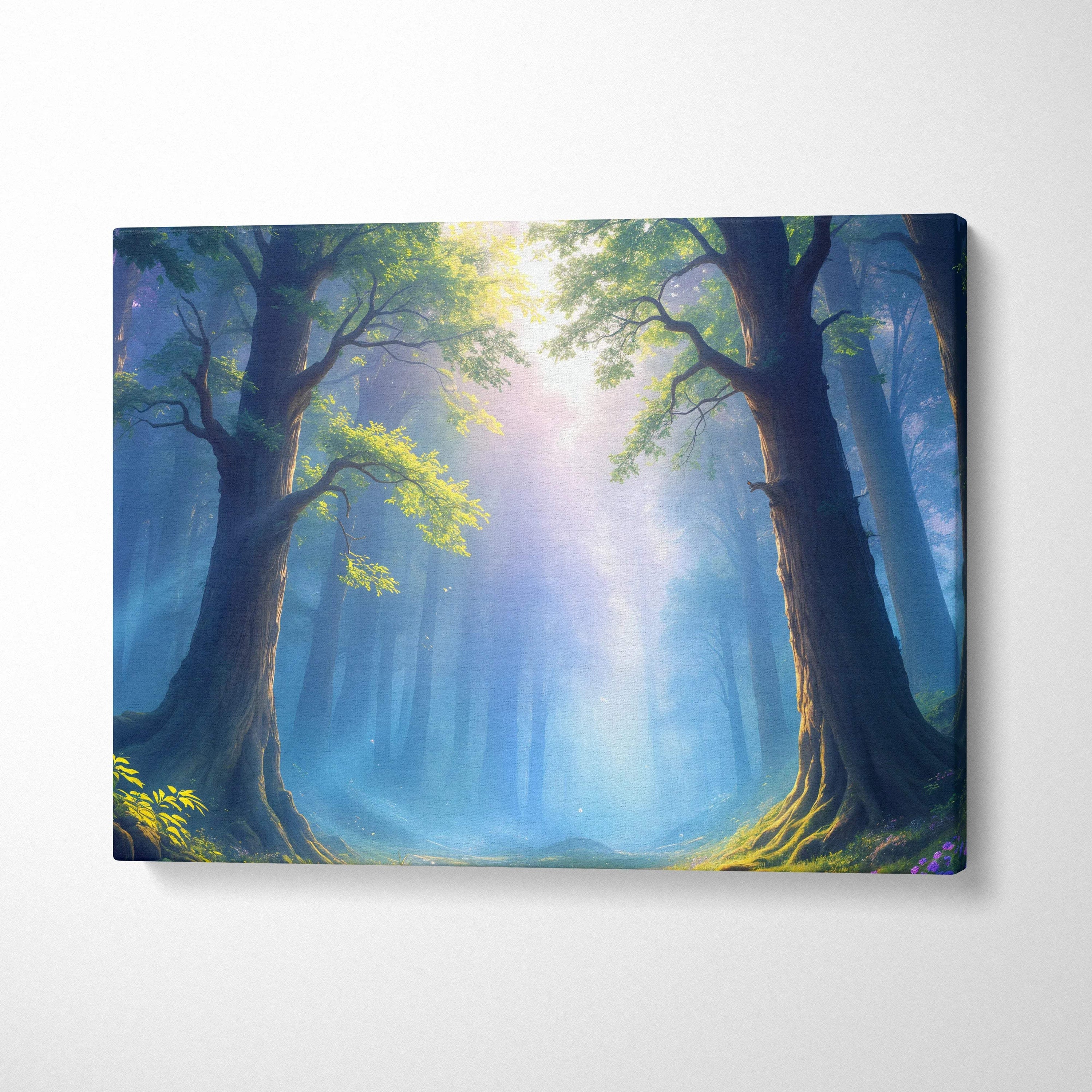 Sunlight through ancient forests path visionary canvas wall art