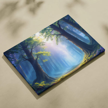 Sunlight through ancient forests path canvas wall art with radiant light