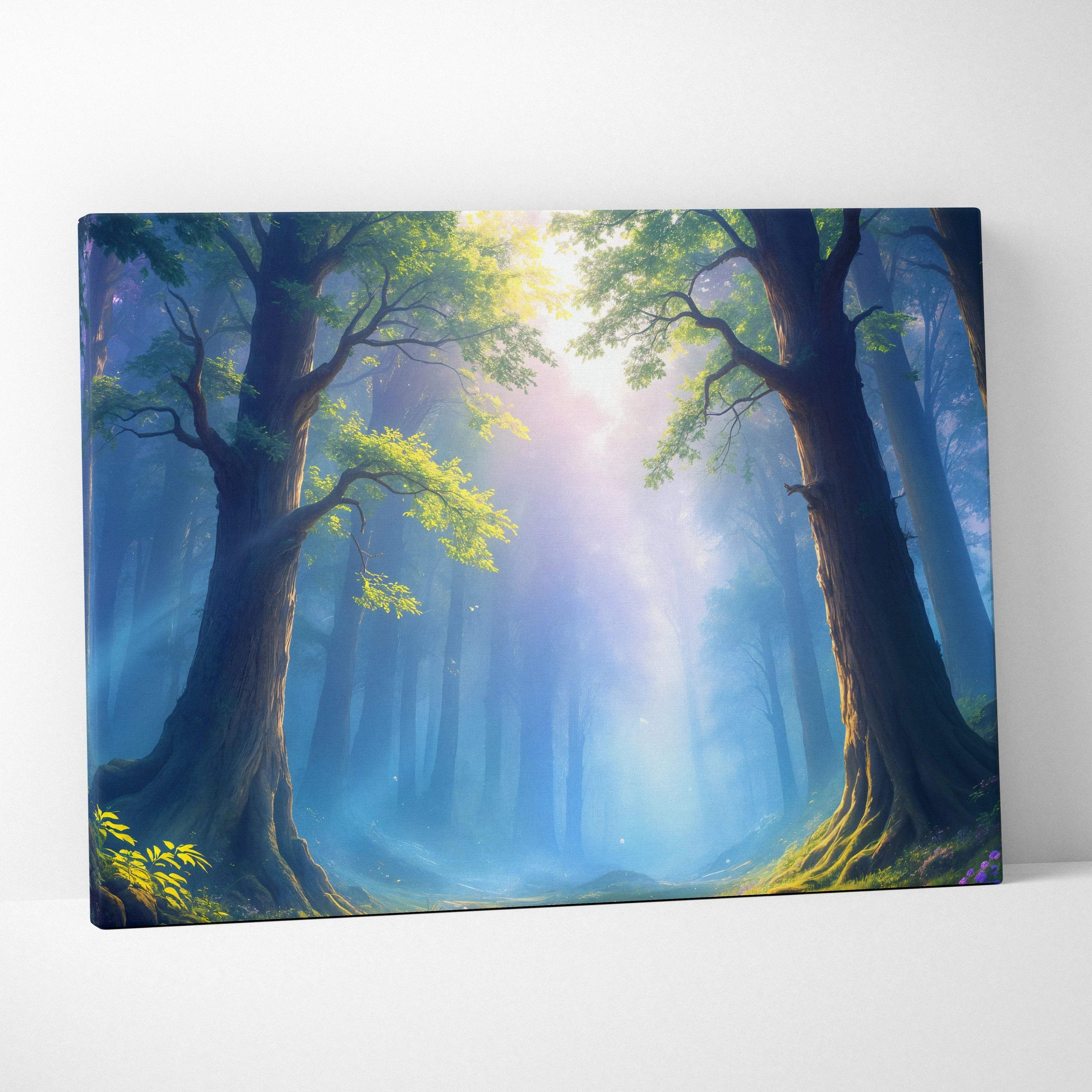 Sunlight through ancient forests path canvas wall art with radiant light