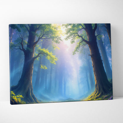 Sunlight through ancient forests path canvas wall art with radiant light