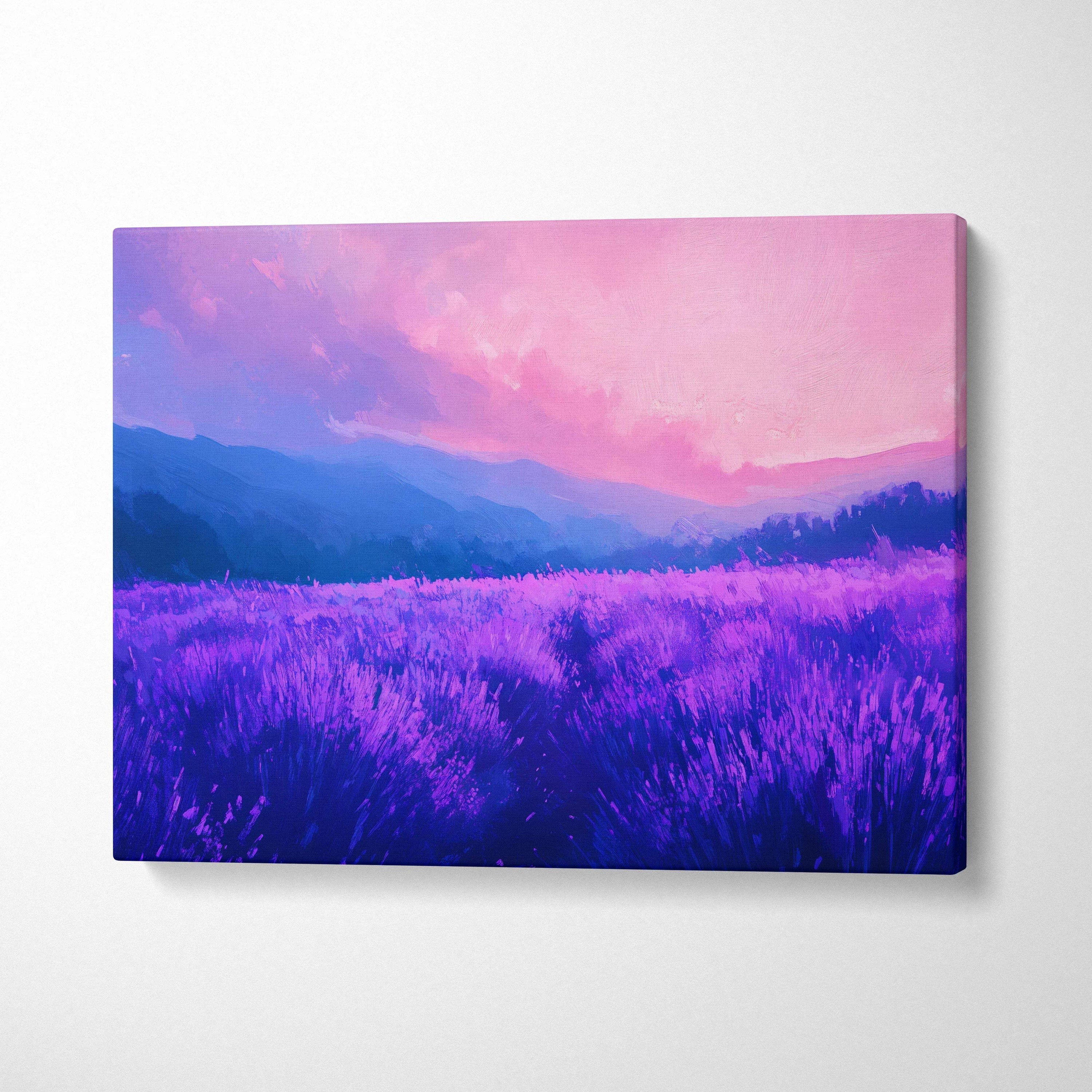 Impressionist lavender fields at dusk canvas wall art in violet indigo blush pink